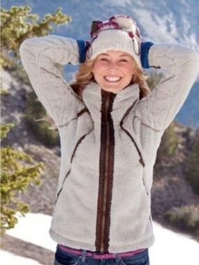 Kuhl Women's Cream Flight Sherpa Jacket with Brown Trim hidden hood zipper